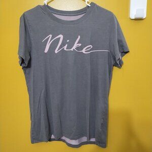 Nike Dri-Fit Fashion Performance T Shirt L Gray with Lavender Logo